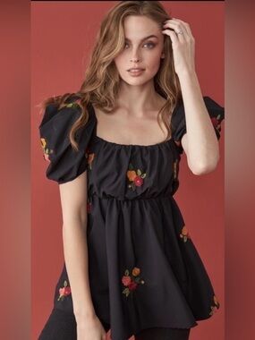 Mi Golondrina Black Puff-Sleeve Floral Peplum Top Elena Blak arroyo